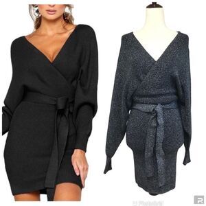 GIANNI BINI Alston Sexy Low Cut Sweater Dress Belted‎ Black Gray Sz XS Small New